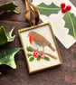 Original drawing of robin and holly in miniature hanging frame