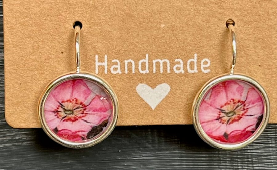 Vintage pink flower silver and resin earrings