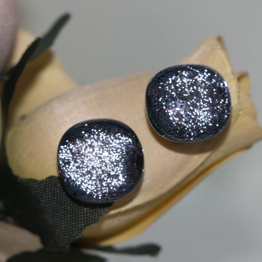 Sparkly Silver-Coloured Dichroic Glass Earrings on Sterling Silver Studs - 2046