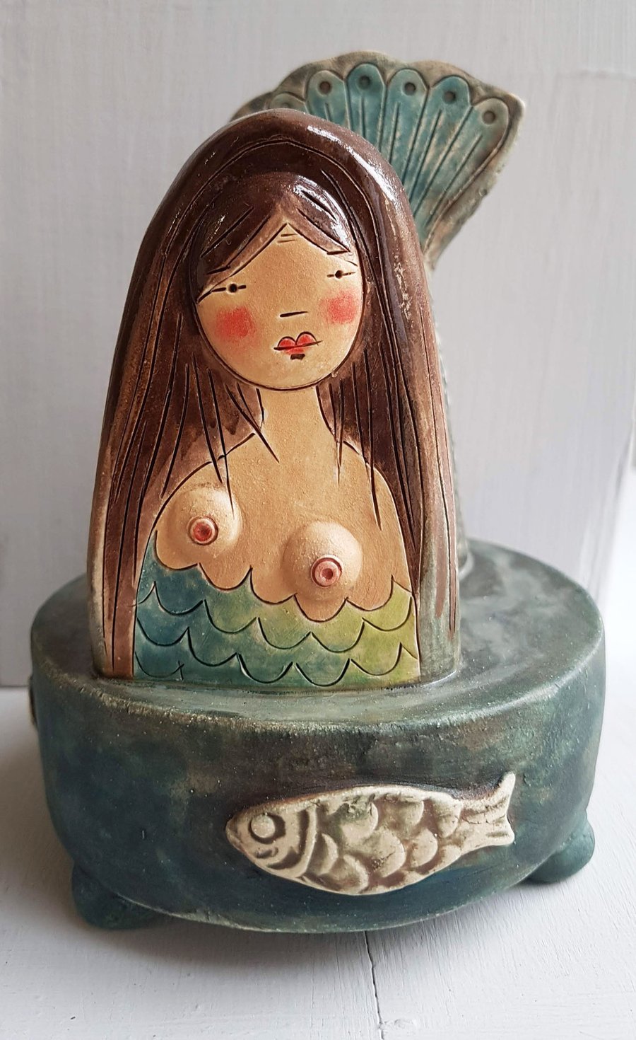 Ceramic Mermaid sculpture in turquoise and green - handmade ceramic mythology 
