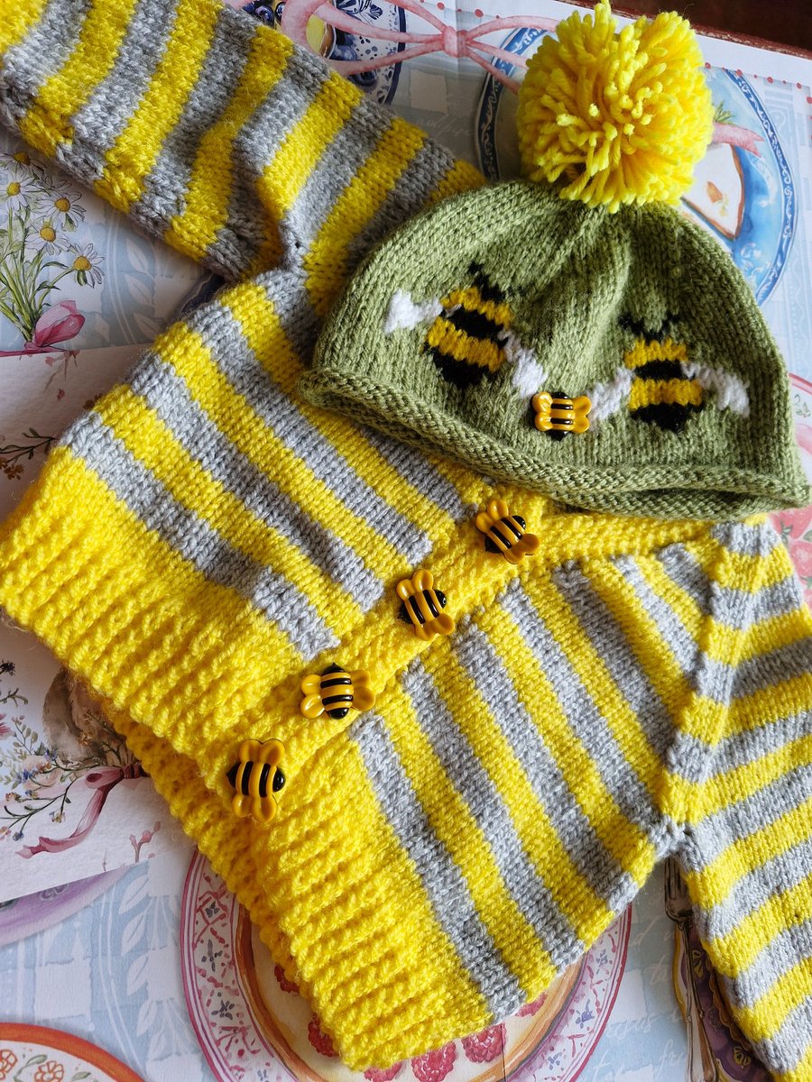 "Rouge Hive" Hand-Knitted Baby Cardigan and Hat.