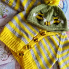 "Rouge Hive" Hand-Knitted Baby Cardigan and Hat.