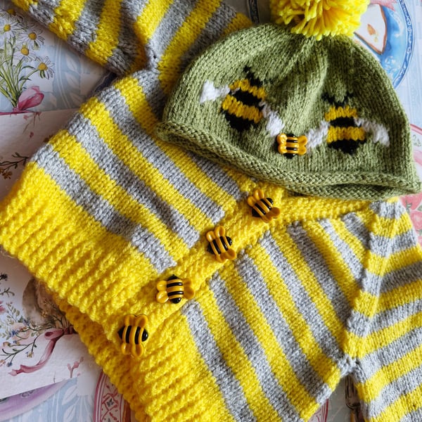 "Rouge Hive" Hand-Knitted Baby Cardigan and Hat.