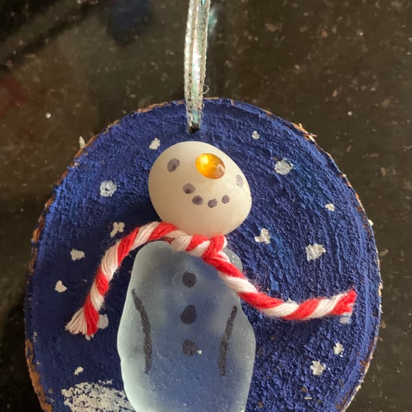 Beach-combed Christmas wooden decoration - Jolly Snowman