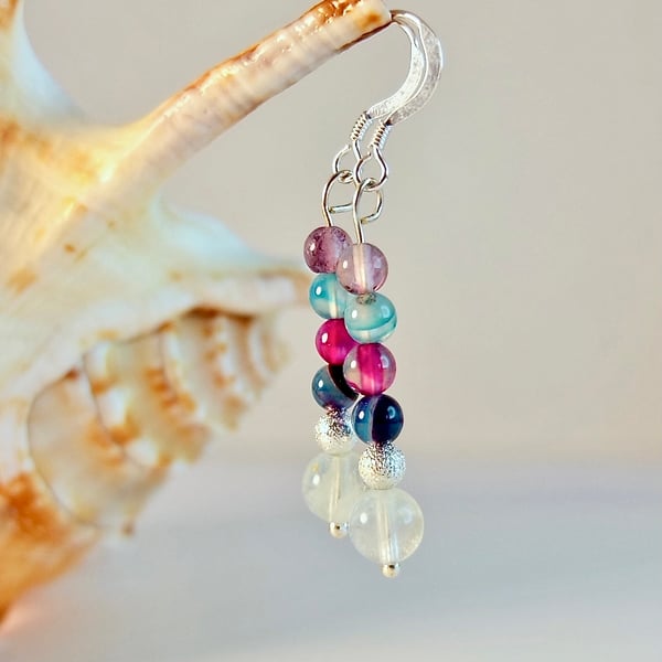 Fluorite And Agate Earrings On Sterling Silver Fishhooks - Handmade In Devon