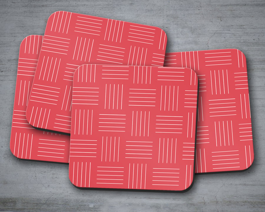 Set of 4 Red with White Line Geometric Design Coasters