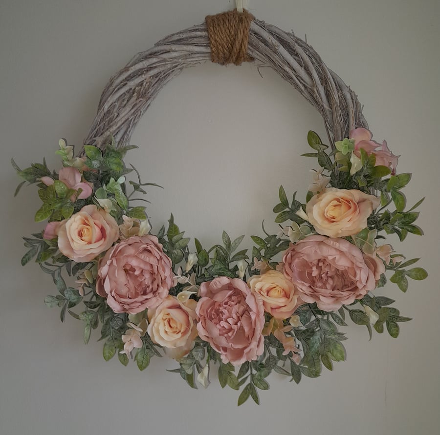 Peony and Rose faux flower indoor outdoor spring summer hanging wreath