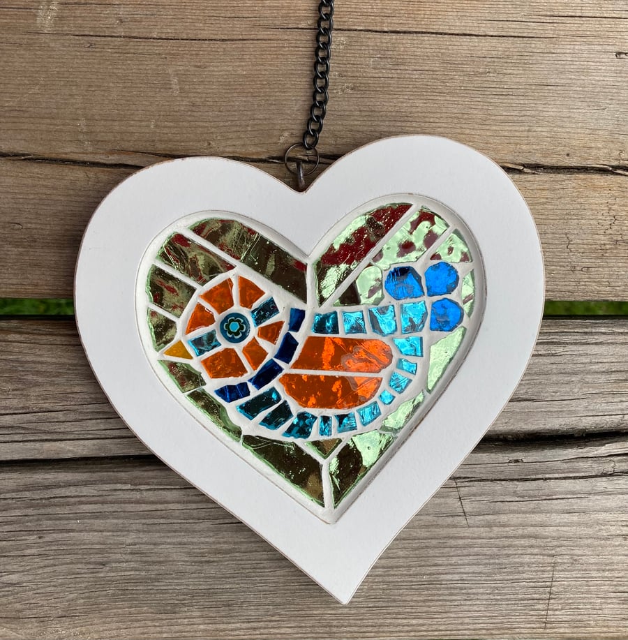 Wooden heart with stained glass bird, hanging decoration with short chain.