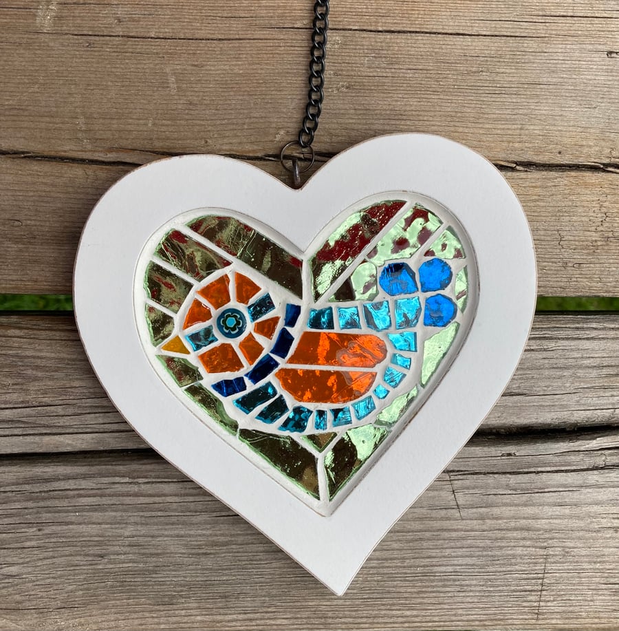Wooden heart with stained glass bird hanging d Folksy