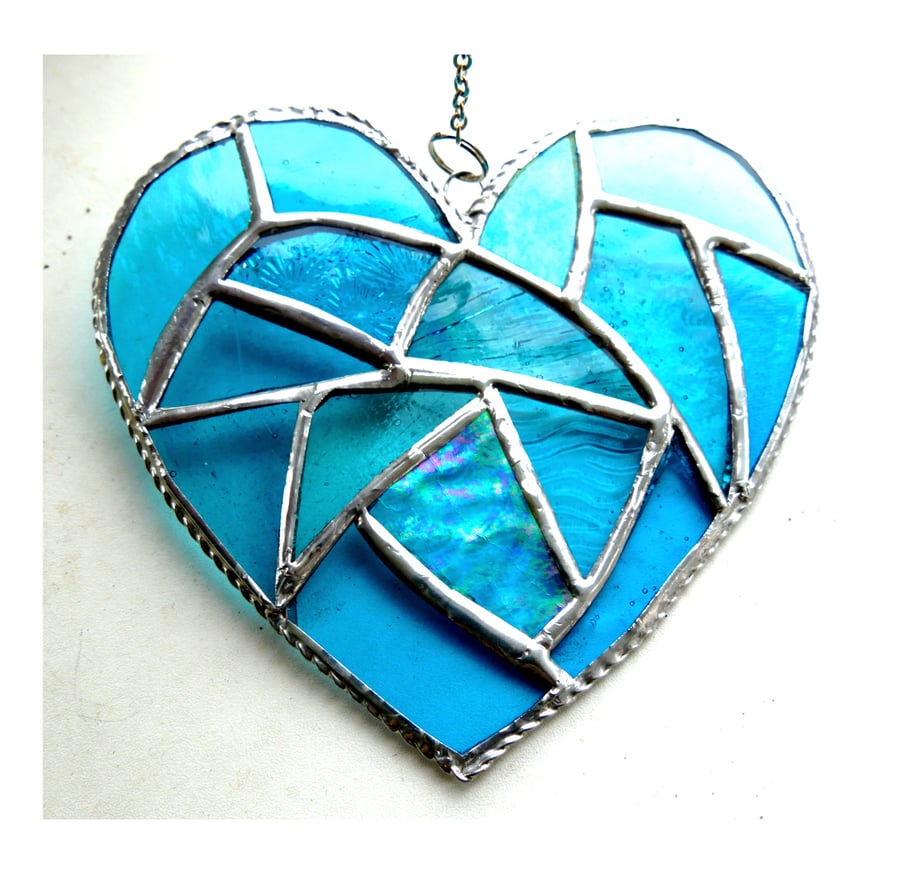Fat Patchwork Heart Suncatcher Turquoise Stained Glass Handmade 032