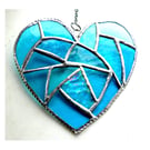 Fat Patchwork Heart Suncatcher Turquoise Stained Glass Handmade 032
