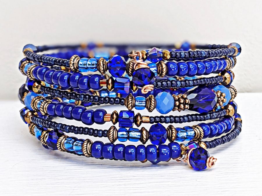 Dark Blue and Copper Beaded Memory Wire Bracelet