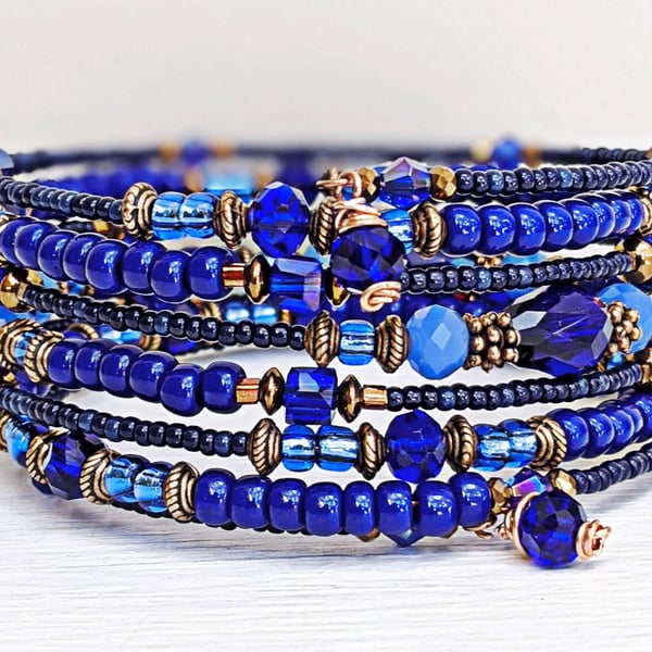 Dark Blue and Copper Beaded Memory Wire Bracelet