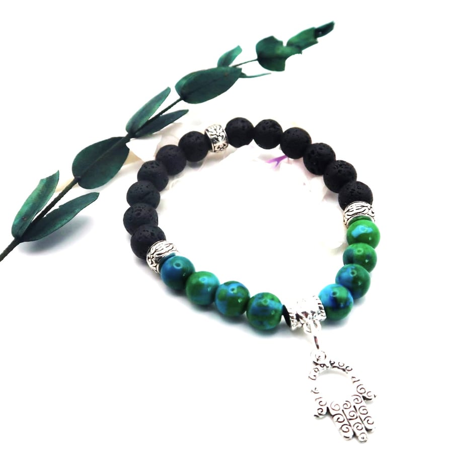 Chrysocolla and Lava Bead Aromatherapy Bracelet with a Hamsa Hand Charm.