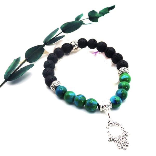 Chrysocolla and Lava Bead Aromatherapy Bracelet with a Hamsa Hand Charm.