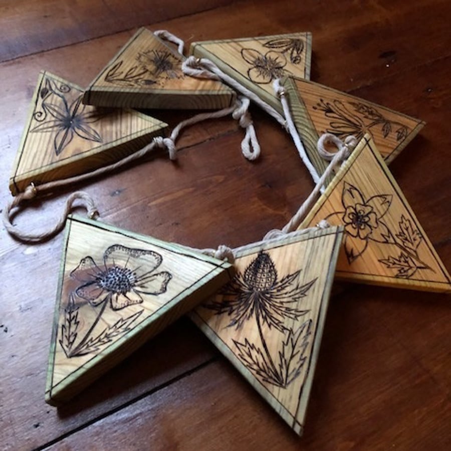 Wooden Bunting with Pyrography Drawn Flowers