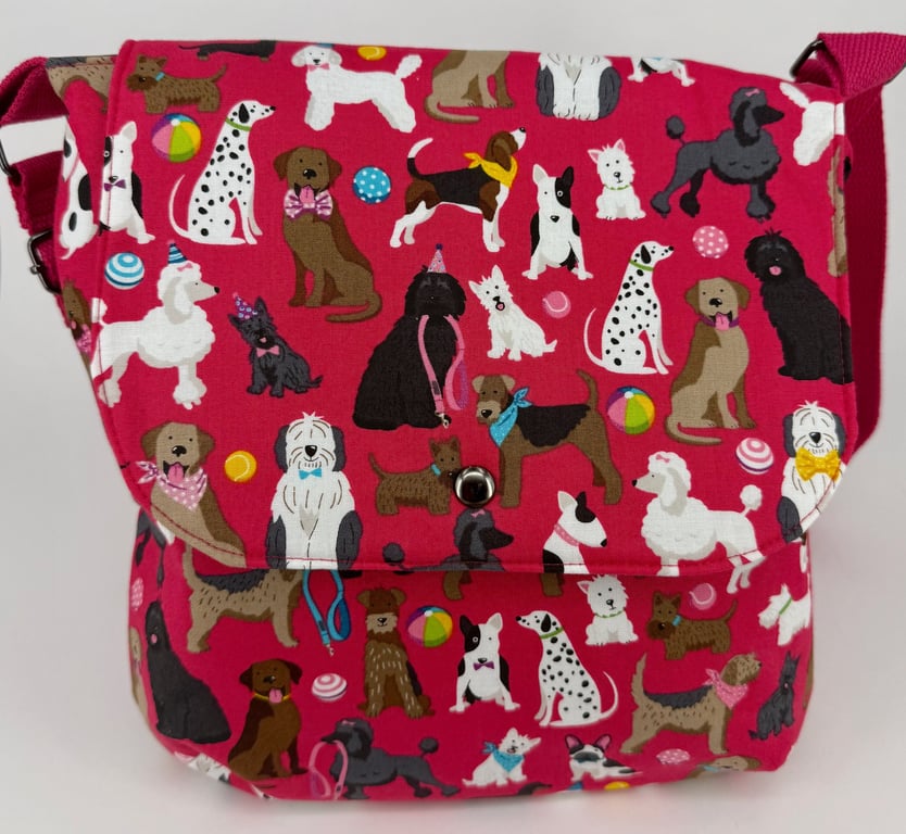 Handmade bright pink dog pattern cotton crossbody bag