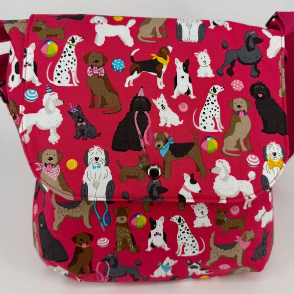 Handmade bright pink dog pattern cotton crossbody bag