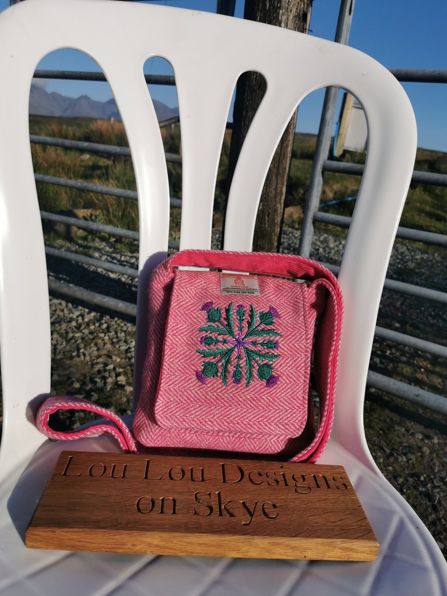 Harris Tweed crossbody bag with embroidered thistle 