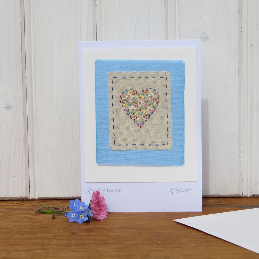 Delicately hand-stitched heart of flowers - a card to keep