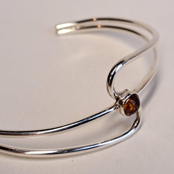 Handcrafted Sterling Silver Amber Cuff Bracelet: Adjustable Torque Bangle