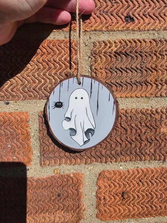 Hand Painted Halloween Ghost Wooden Slice – Cute Ghost & Spider Hanging Decor