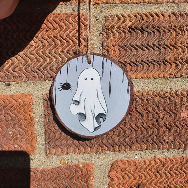 Hand Painted Halloween Ghost Wooden Slice – Cute Ghost & Spider Hanging Decor