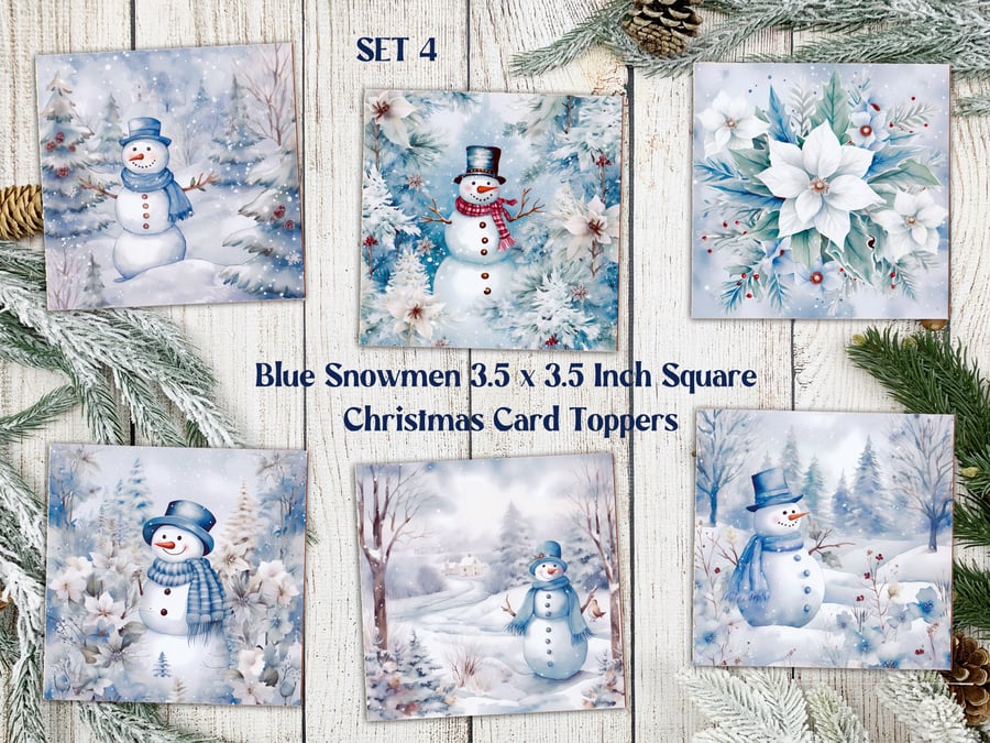 Blue Snowmen Square Christmas Card Toppers for Card Making, Journals, Tags