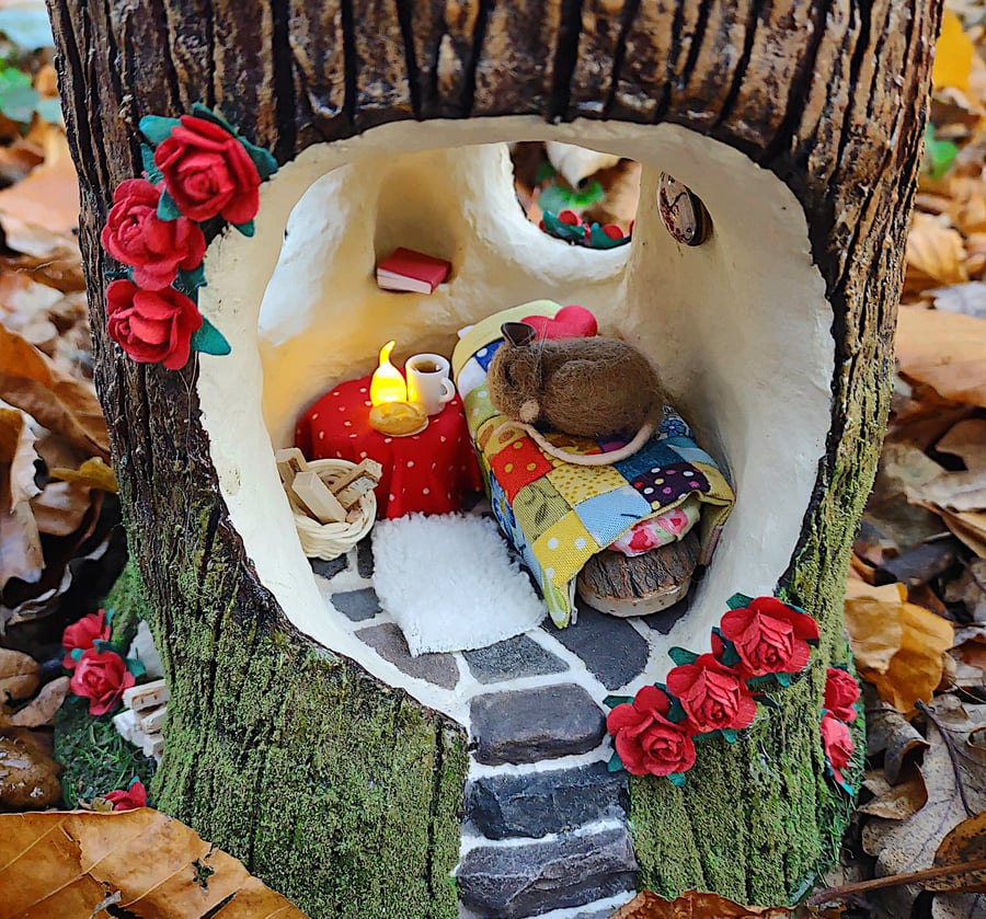 Made To Order: Beautiful Fairy Tree House with Red Roses, Tree Stump Night Light