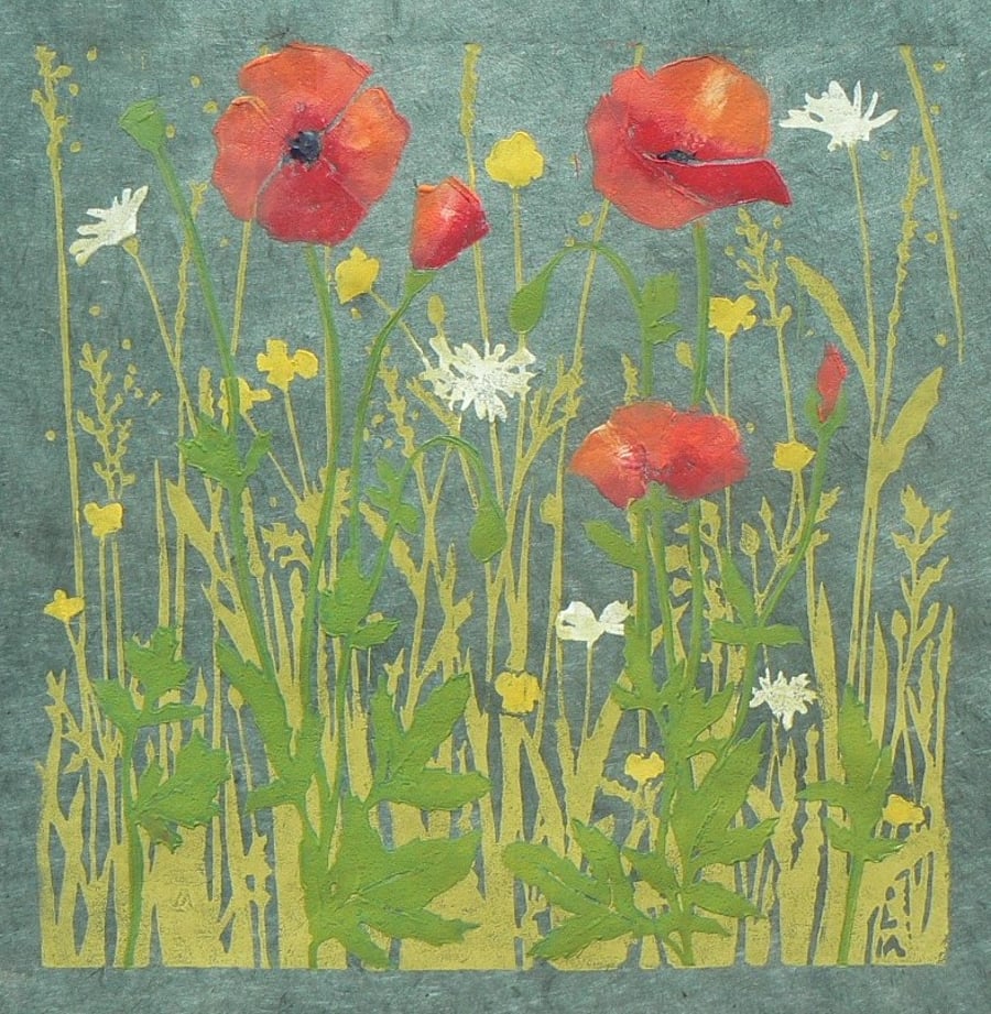 Poppies Meadow linocut print