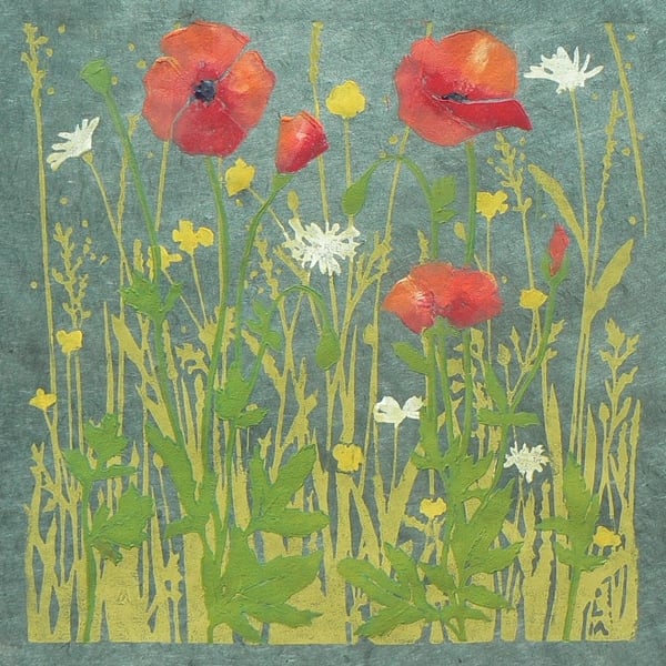 Poppies Meadow linocut print