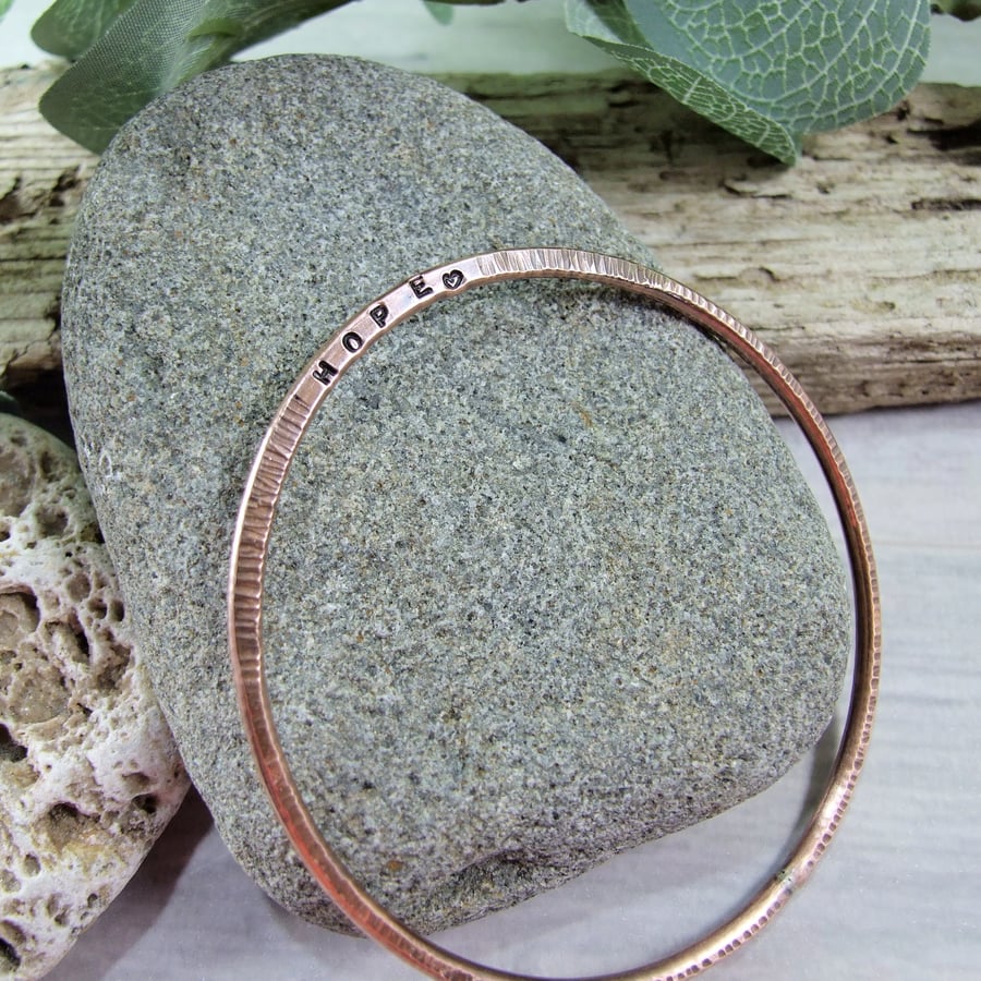 Copper Bangle. Bracelet with Hidden Stamped Message Hope and Heart. Size Medium