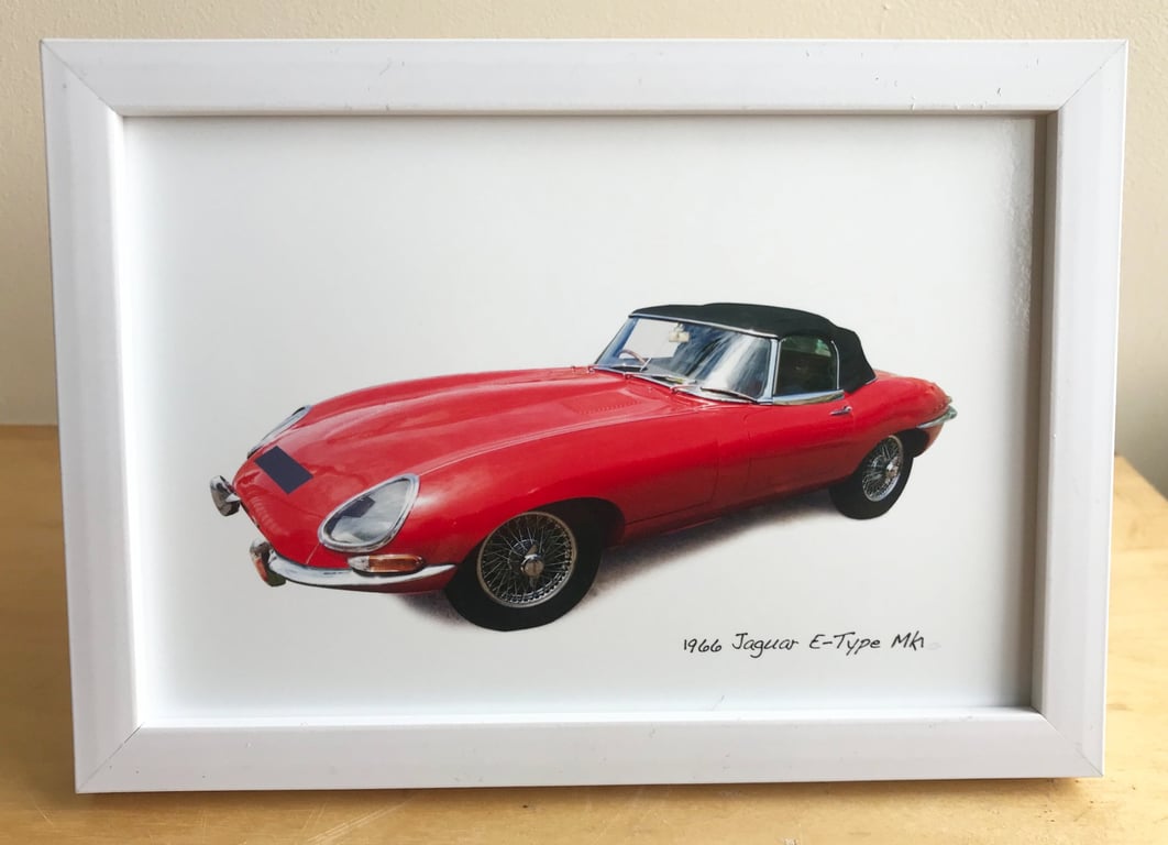 Jaguar E-Type Mk1 1966 - 4x6", A4 or A3 Print in a Black or White frame