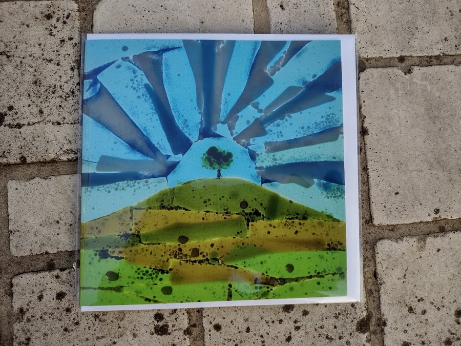 Fused glass art greetings card Burrow Hill lone tree, blank inside