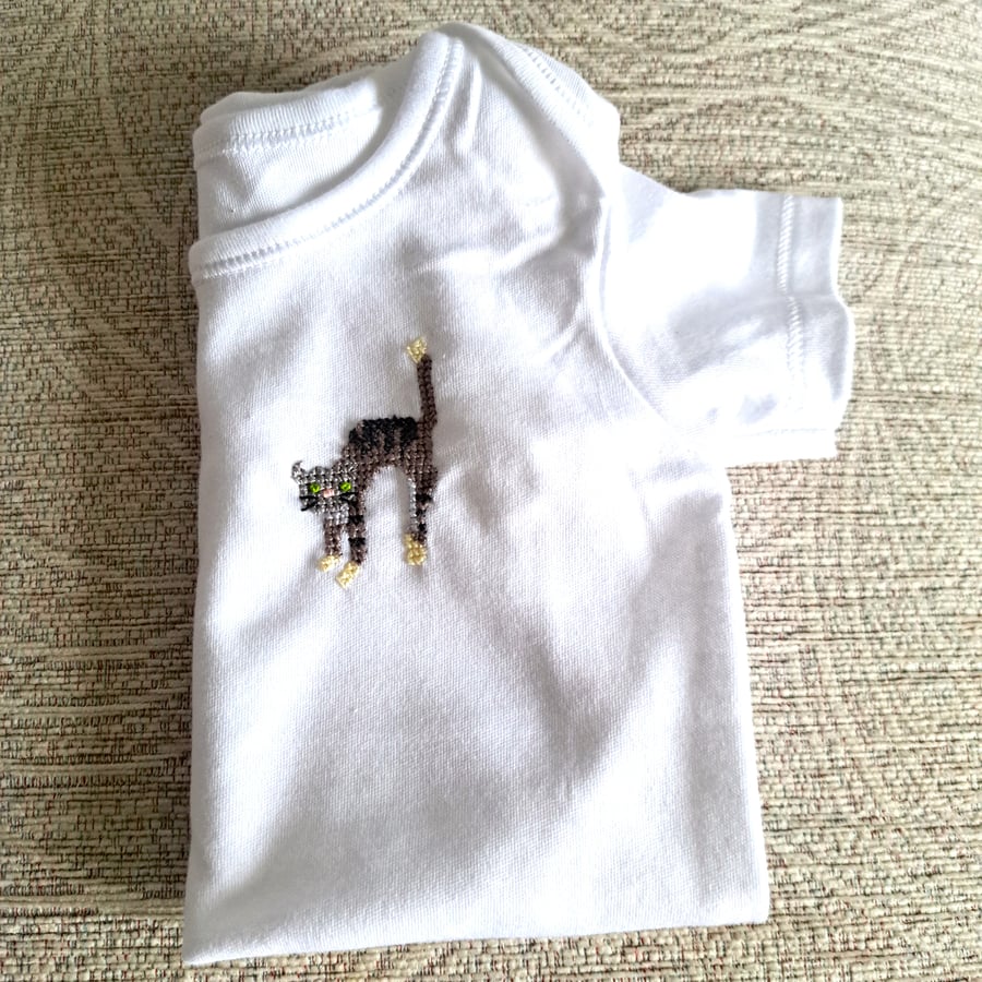 Cat, baby vest. age 9-12 months, hand embroidered