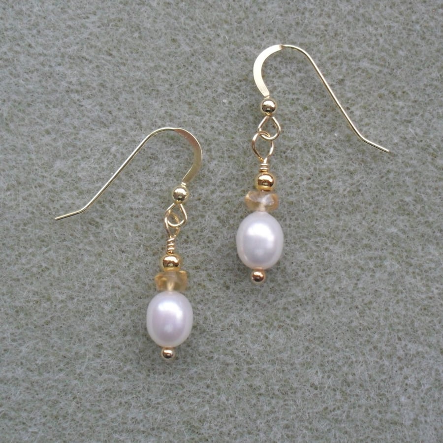 White Freshwater Pearls and Citrine Gold Vermeil Earrings