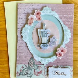 Card. Decoupage champagne and flowers card for her birthday 