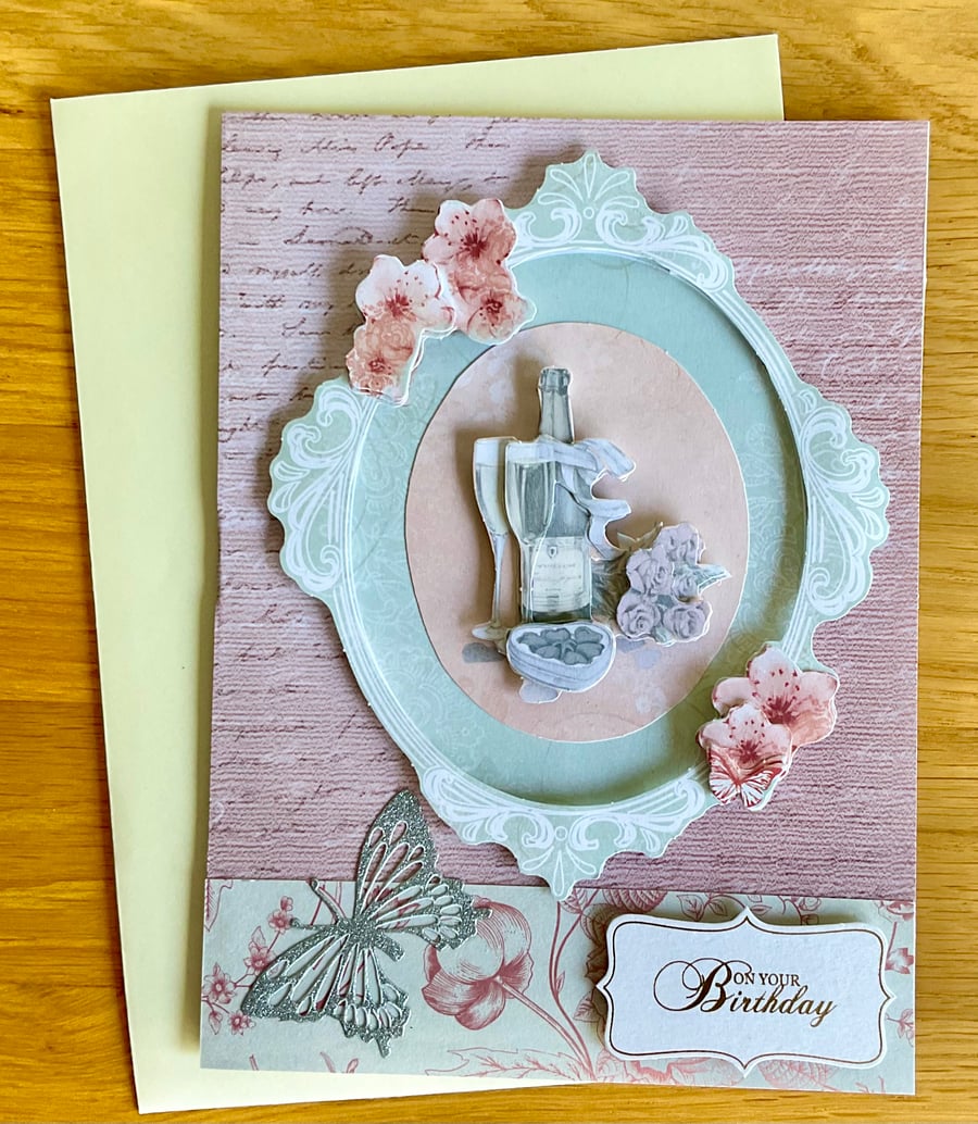 Card. Decoupage champagne and flowers card for her birthday 