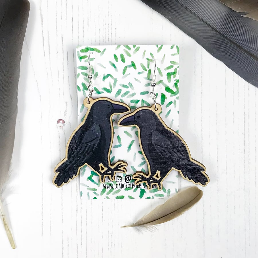 Crow Wooden Illustrated Drop Earrings
