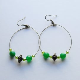 Green Gemstone Bronze Plated Hoop Earrings - UK Free Post
