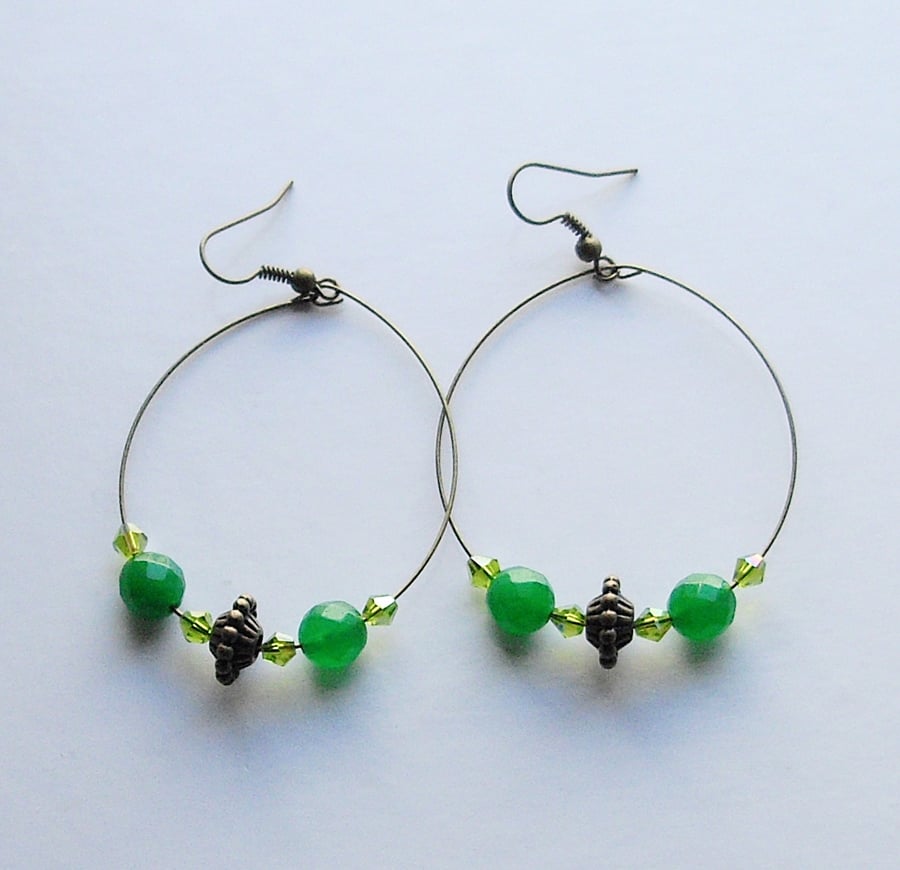 Green Gemstone Bronze Plated Hoop Earrings - UK Free Post