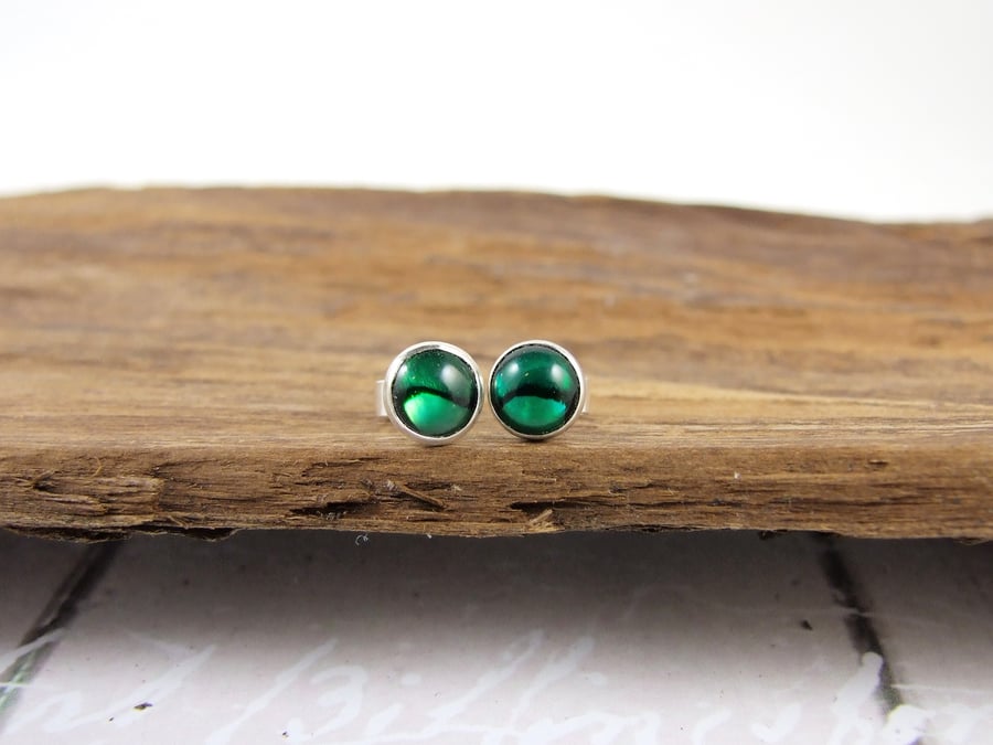 Abalone Shell and Sterling Silver Stud Earrings, Green Paua Shell 