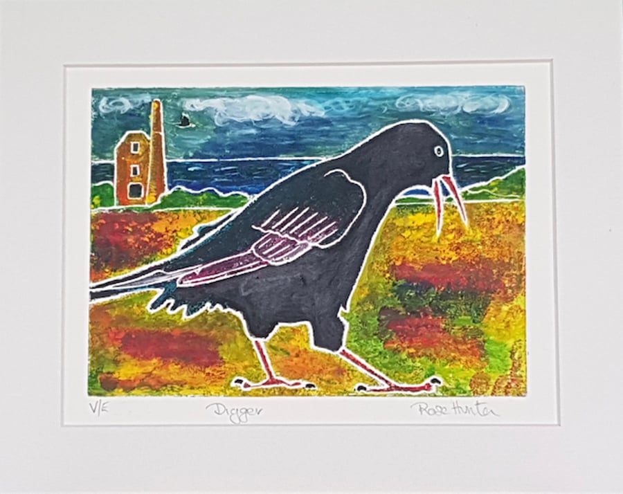 Digger - hand painted monoprint of the Cornish Chough 008
