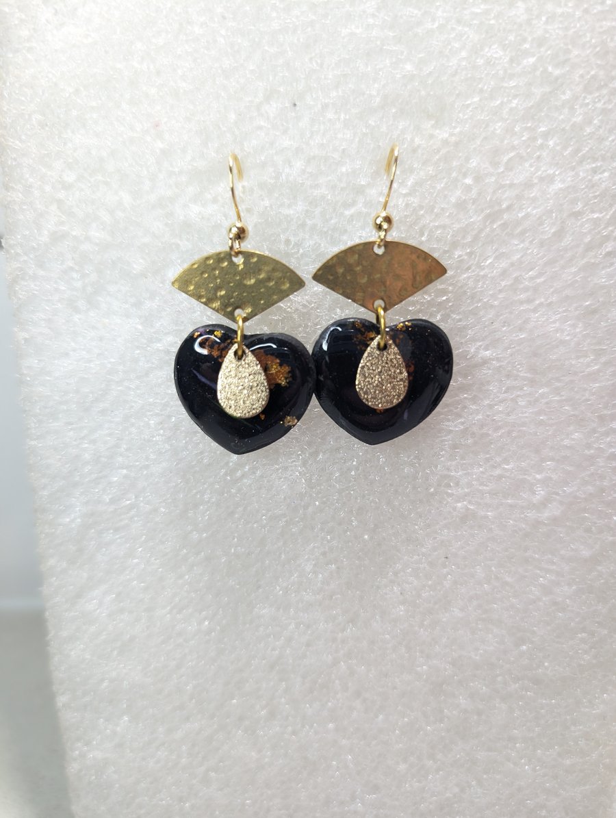 Black and gold heart tassel earrings  
