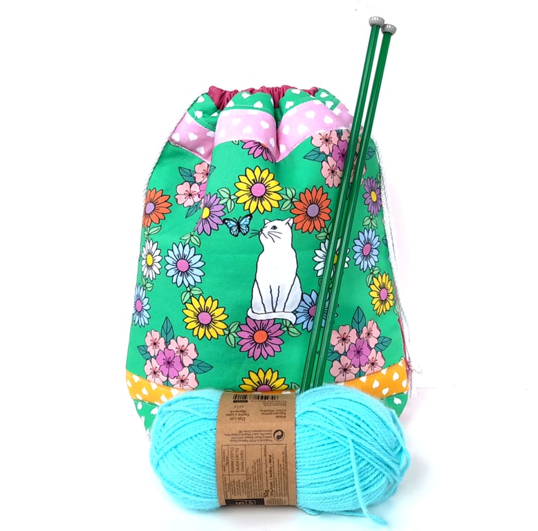 Handmade White Cat Patchwork Drawstring Project Bag