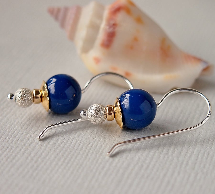 Dark Blue Glass Pearl Earrings - Swarovski - Dark Lapis - Sterling Silver