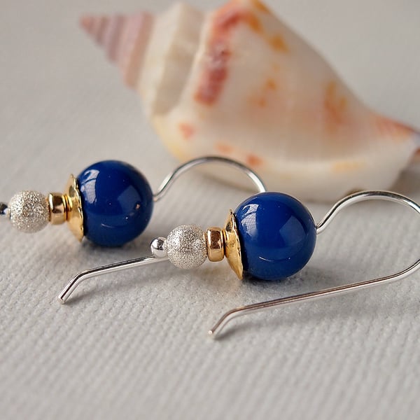Dark Blue Glass Pearl Earrings - Swarovski - Dark Lapis - Sterling Silver
