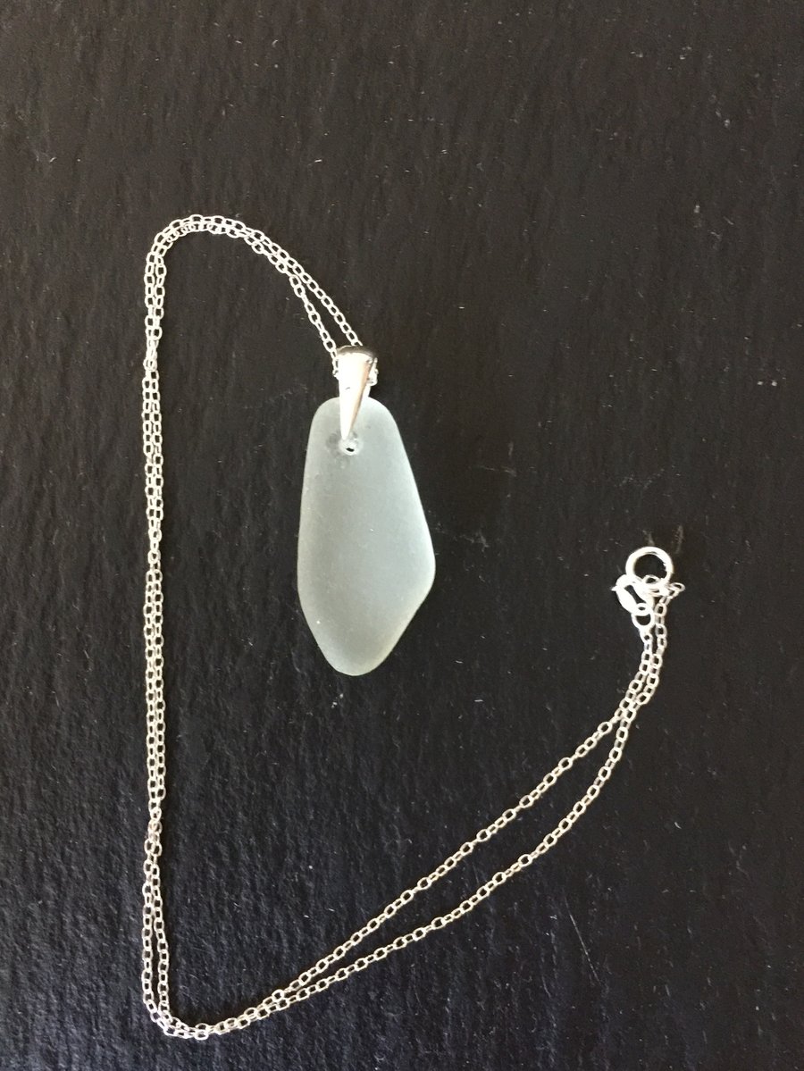 18in Sterling silver necklace and white seaglass pendant in silver mount