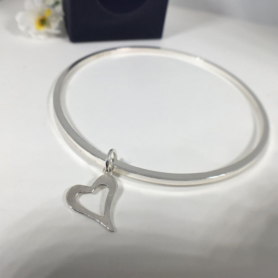 Sterling Silver Bangle with Heart Charm - Hallmarked