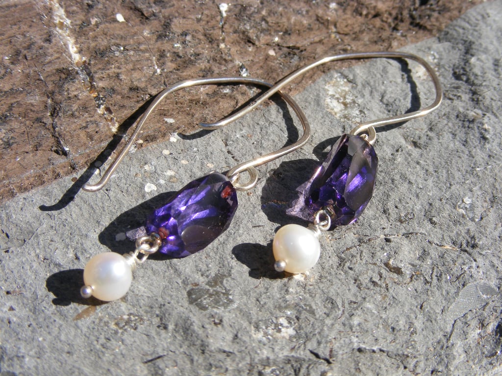 Sterling Silver Long Dangle Earrings With Amethyst and Pearls - Hallmarked